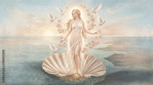 Beautiful Aphrodite Goddess Of Love Rising From Sea Foam