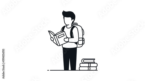 a focused student with a backpack reading an open book textbooks nearby illustrating education learning knowledge and academic study.