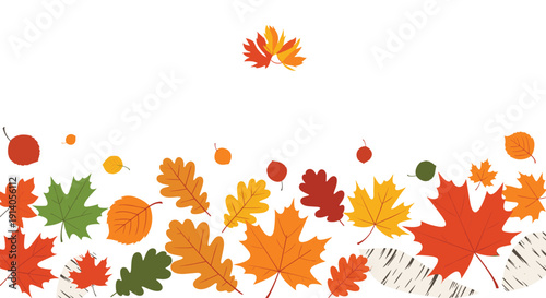 Autumn background with a border of colorful falling leaves at the bottom and copy space at the top on a white background.