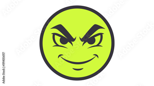 a green evil emoji illustration with a mischievous sly grin and menacing eyebrows isolated conveying cunning for digital content.