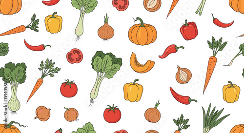 Seamless pattern of various hand-drawn vegetables like carrots pumpkins peppers and onions on a clean white background design.