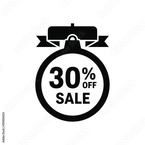Vector illustration icon black stopwatch with ribbon banner and 30 percent off sale text