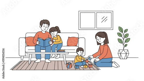 a happy family bonding at home father and daughter reading mother and son playing blocks depicting domestic life and child education.