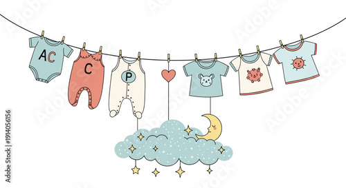 A cute illustration of colorful baby clothes hanging on a clothesline with a dreamy cloud moon and stars mobile.