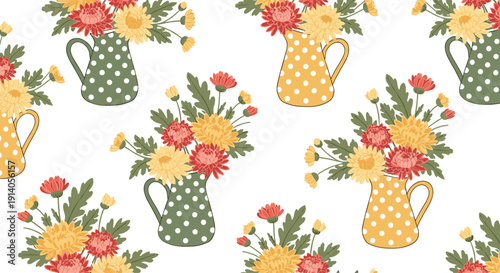 A charming seamless pattern of autumn chrysanthemum bouquets in colorful yellow and green polka dot jugs on white.