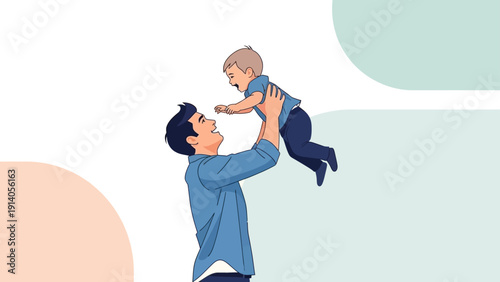 a happy father lifting his laughing young son in the air illustrating a joyful family moment celebrating fatherhood and playful childhood.