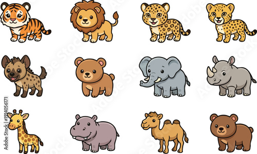 A set of a tiger, lion, leopard, jaguar, hyena, bear, elephant, rhino, giraffe, hippo, camel and a grizzly bear in a flat, vector illustration style perfect for kids' designs