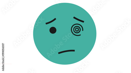 a teal cartoon face emoji with a spiral eye conveying dizziness confusion and disorientation ideal for abstract concepts of mental state.