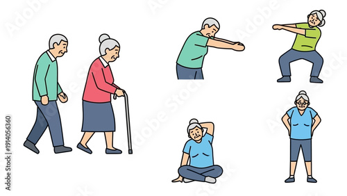 active senior adults performing various gentle exercises walking and stretching promoting healthy aging physical activity and wellness.