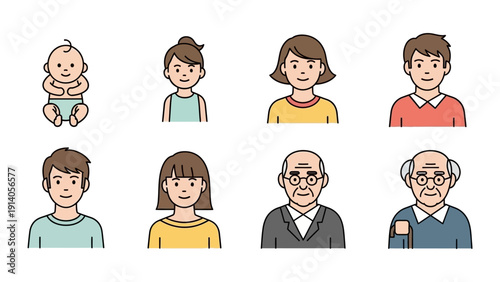 cartoon illustrations showing human life stages from infant to elderly depicting development childhood adulthood and the aging process.
