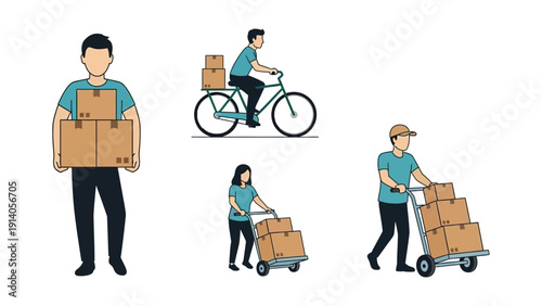 delivery services illustration showing couriers carrying boxes riding bikes and using hand trucks for efficient logistics.