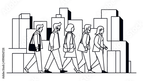 diverse business professionals walking in a line through a modern city illustrating urban commute corporate daily routine and modern life.