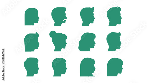 diverse collection of human head silhouettes in profile representing various people genders and hairstyles for avatars and demographic data.