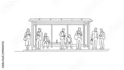 diverse commuters waiting at a modern urban bus stop some using smartphones others talking illustrating public transport daily commute and city life.