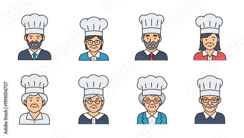 diverse chef and cook avatars men and women of all ages wearing chef hats flat design icons for culinary business.