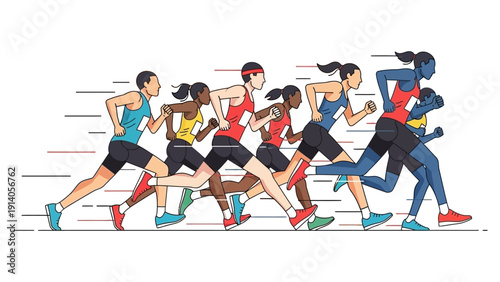 diverse competitive runners sprinting dynamically illustrating speed determination and teamwork for sports and active lifestyle content.