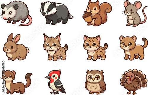 A set of opossum, badger, squirrel, mouse, hare, lynx, ocelot, puma, weasel, woodpecker, owl, turkey in a flat, vector illustration style perfect for kids' designs