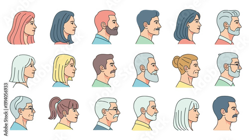 diverse human profiles men and women of all ages with varied hairstyles and features perfect for demographic representation.