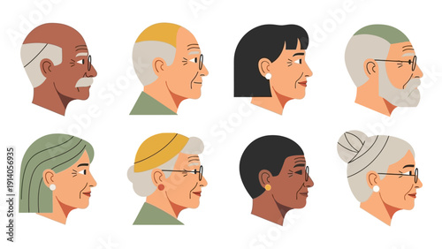 diverse multi-ethnic seniors in side profile vector art depicting global aging and demographic trends.