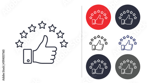 Thumbs up rating icons with five stars shown in different colors and circular formats represent customer reviews.