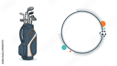 Sports equipment collage with a golf bag and soccer ball frame highlights diverse athletic activities and hobbies.