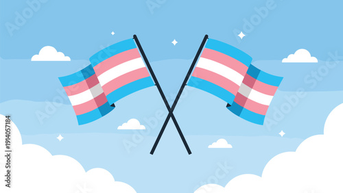 Two crossed transgender pride flags against a blue sky with white clouds show support for diversity and inclusion.