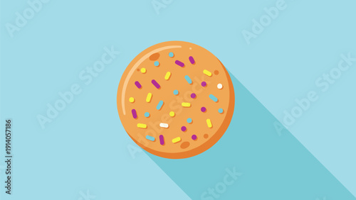 Tasty cookie with colorful sugar sprinkles on a bright blue background makes a sweet treats and bakery graphic.