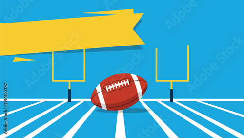 Football on a blue field with goalposts and a yellow banner symbolizes sports events, games, and athletic competition.
