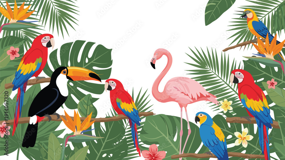 Obraz premium Group of various tropical birds like parrots flamingos and toucans perched among lush green jungle leaves on white.