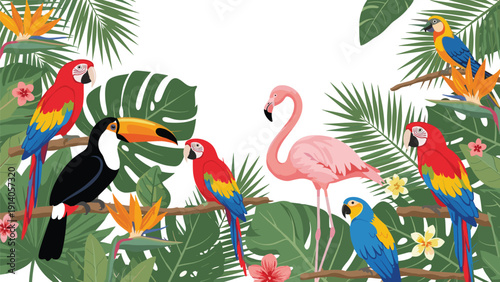 Group of various tropical birds like parrots flamingos and toucans perched among lush green jungle leaves on white.