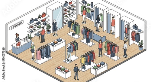 Isometric view of a clothing store interior with racks and fitting rooms.