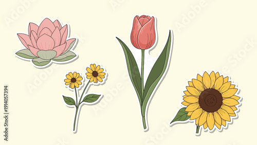 Four different hand-drawn flower stickers including a pink lotus red tulip yellow sunflower and small yellow blooms.