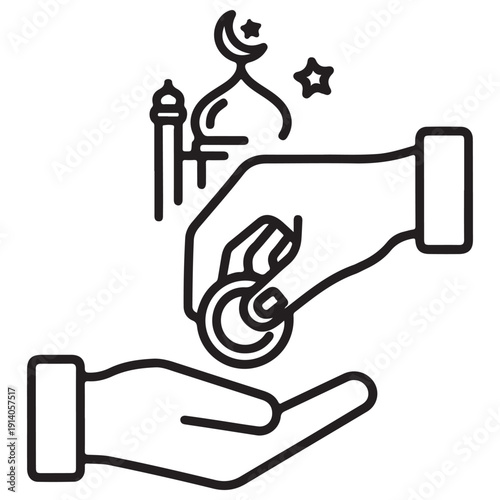 Islamic Zakat or Sadaqah icon showing one hand dropping a coin into another hand, symbolizing charity and donation against a mosque and crescent moon backdrop in a minimalist line art style.