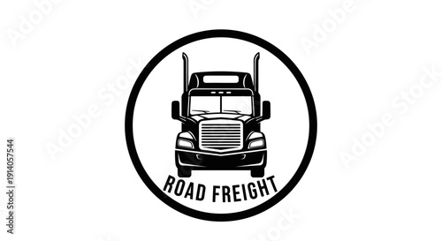 Circular road freight logo featuring a classic semi-truck front view, symbolizing heavy haulage and logistics, on isolated white background.