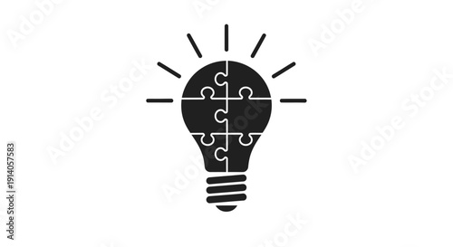 Complete Puzzle Piece Lightbulb Idea, Problem Solved, Creative Insight, Isolated White Background