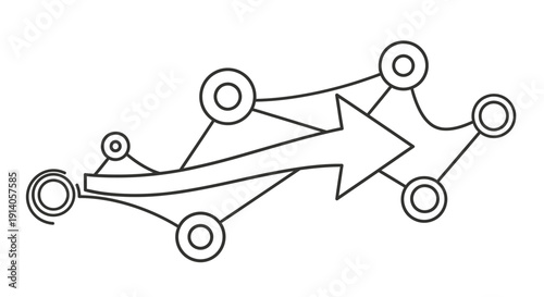 Abstract diagram illustrating a connected process flow with nodes and an arrow, representing progression or network, on isolated white background.