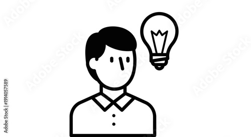 Man with a glowing light bulb, symbolizing a new idea or inspiration, on isolated white background.
