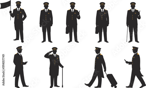 Black vector silhouette set of professional airline pilots and captains in uniform for travel aviation tourism airport logistics transport industry and commercial flight branding,
