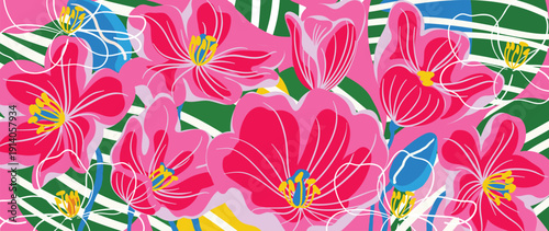 Spring and summer plumeria fuchsia floral background vector illustration with green and white colors. Vibrant botanical design for wallpaper, banners, invitations, fabric and digital templates.