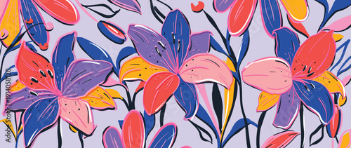 Spring and summer lilies purple floral background vector illustration with coral and navy colors. Vibrant botanical design for wallpaper, banners, invitations, fabric and digital templates.