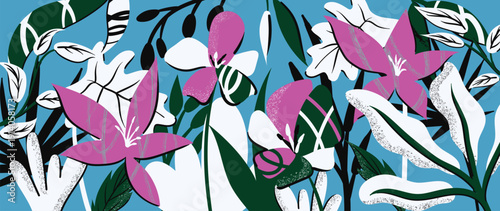 Spring and summer lily midnight floral background vector illustration with black and white  colors. Vibrant botanical design for wallpaper, banners, invitations, fabric and digital templates.