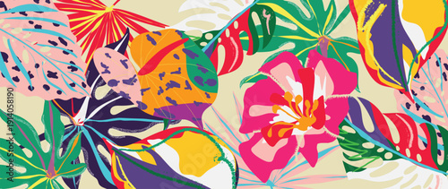 Spring and summer poppy raspberry floral background vector illustration with tangerine and jade colors. Vibrant botanical design for wallpaper, banners, invitations, fabric and digital templates.