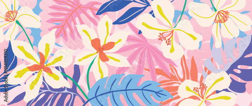 Spring and summer orchid apricot floral background vector illustration with teal and buttercream colors. Vibrant botanical design for wallpaper, banners, invitations, fabric and digital templates.