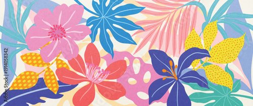 Spring and summer hibiscus salmon floral background vector illustration with cerulean and sand colors. Vibrant botanical design for wallpaper, banners, invitations, fabric and digital templates.