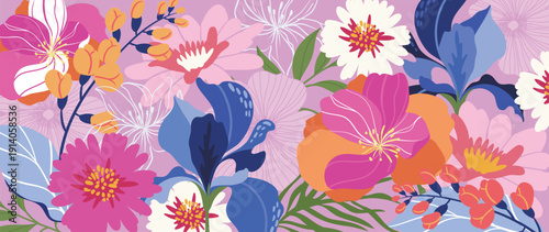 Spring and summer camellia rose floral background vector illustration with lilac and pistachio colors. Vibrant botanical design for wallpaper, banners, invitations, fabric and digital templates.