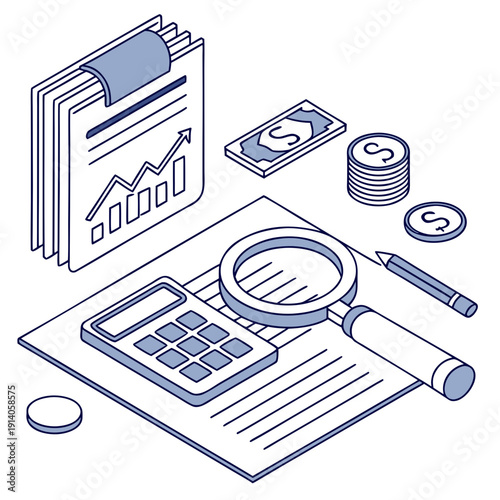 Isometric vector financial audit with documents and magnifying glass