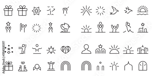 Collection of positive abstract icons for growth, achievement, and celebration in simple line art