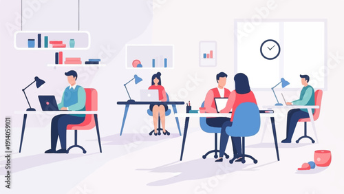 Flat illustration of a busy, modern open-plan office with diverse colleagues working at desks