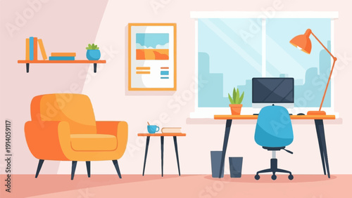 Flat illustration of a cozy home office with a desk, computer, and armchair by a sunny window