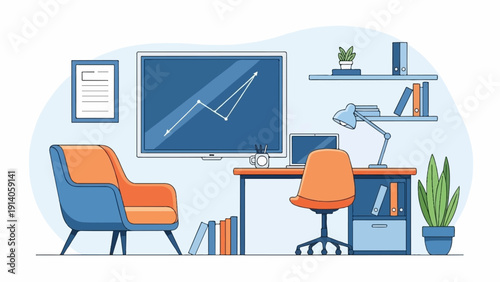 Flat illustration of a modern workspace with a desk, laptop, armchair, and a chart on a large screen
